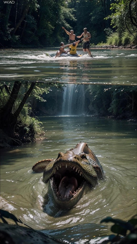 Create an AI-generated image that depicts a dramatic scene of a river with a visible above and below water perspective. Above the water, show two men helping to pull another man out of the river, with expressions of fear and urgency. Below the water, depict a large crocodile with its mouth open, showcasing its sharp teeth, swimming towards the group above. The surrounding environment is a dense forest with large trees and sprawling roots around the riverbank. The water is clear enough to see both the surface activity and the underwater threat in vivid detail.