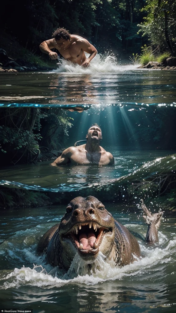 Create an AI-generated image that depicts a dramatic scene of a river with a visible above and below water perspective. Above the water, show two men helping to pull another man out of the river, with expressions of fear and urgency. Below the water, depict a large crocodile with its mouth open, showcasing its sharp teeth, swimming towards the group above. The surrounding environment is a dense forest with large trees and sprawling roots around the riverbank. The water is clear enough to see both the surface activity and the underwater threat in vivid detail.