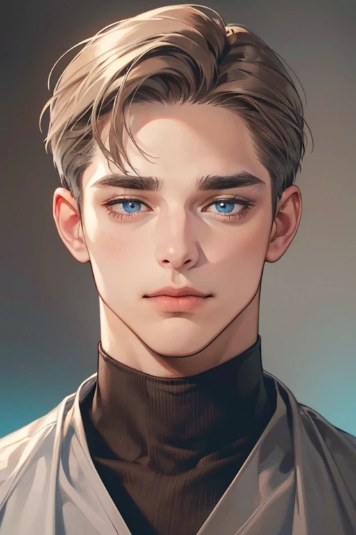 masterpiece, best quality, 1man, mature male, quiet and charming young man, 35 year old, closed mouth, portrait, extremely detailed face, closed mouth, lips nude ((blue carolina eyes)), ((short-gray brown hair)), [thick eyebrows], handsome, half body, with black Turtleneck shirt, look at camera, 
