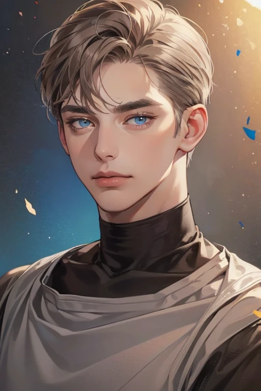 masterpiece, best quality, 1man, mature male, quiet and charming young man, 35 year old, closed mouth, portrait, extremely detailed face, closed mouth, lips nude ((blue carolina eyes)), ((short-gray brown hair)), [thick eyebrows], handsome, half body, with black Turtleneck shirt, look at camera, 