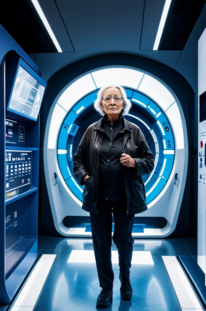An old woman in a futuristic museum
