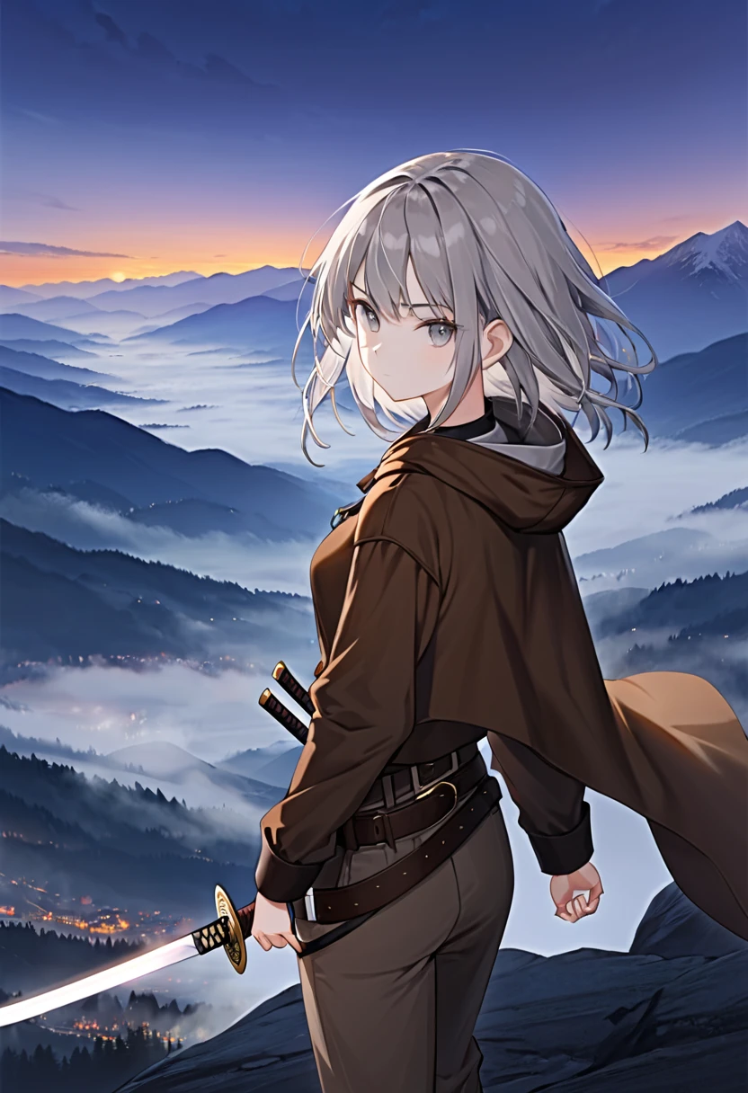 1 girl, small stature, long grey hair, grey eyes, hood, brown cloak, belt, short pants, sword holstered, sword on strap, sword katana, sheathed, shoulder strap, solo, closed mouth, calm face, evening, against the backdrop of high mountains with fog, top view, looking at viewer