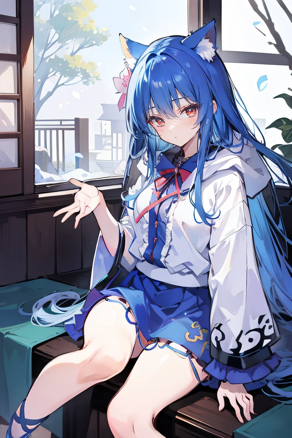 (masterpiece:1.2),Super detailed,lifelike,Expressive eyes,fair skin,perfect face shape,1 girl,
Japanese comics,Gorgeous blue hair,flowing blue hair,flowing clothes,Cat ears,Petals fall,beautiful lola,Baby Angel,
Shaking head with one hand,Cross your legs,Gentle and peaceful background,The pavilion is cool and comfortable,smile, wearing hoodie, In front of the window,snowing