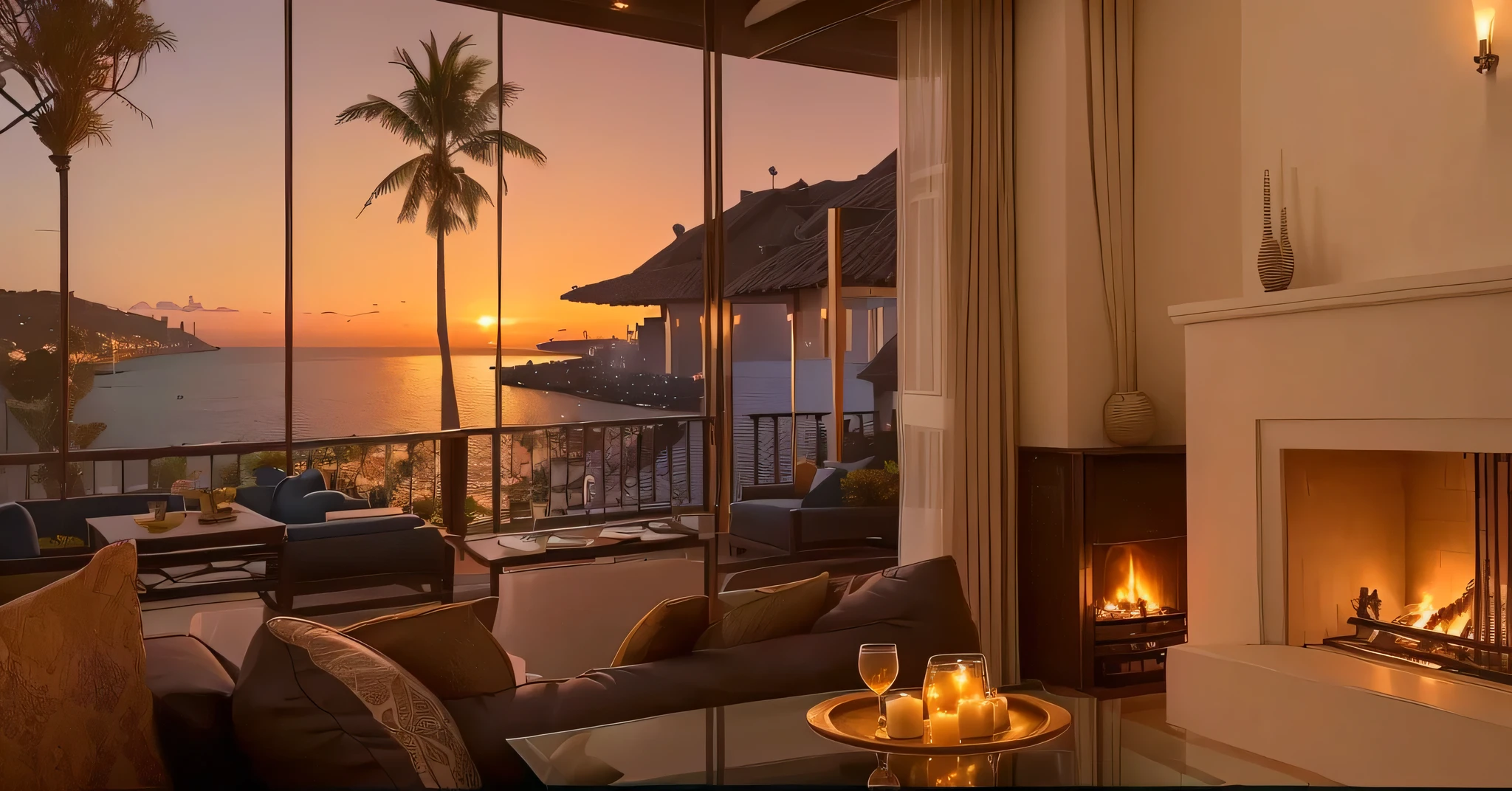 Side view of the living room,Features a sofa and table, Luxurious environment, Beautiful Ambience, Overlooking the sea, Sea view, relaxing environment, Beautiful Ambience, Peaceful atmosphere, Night atmosphere, beautiful scenery, Sunset view, beautiful scenery, Comfortable atmosphere, Relaxed atmosphere, Unparalleled views, nice environment, Beautiful and aesthetic fireplace