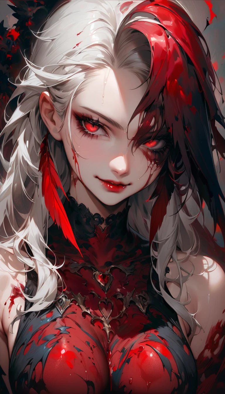 ((Nsfw, Vulgar)),wet-on-wet oil painting depicting a dark angel, a semi-realistic portrait, blood on the angel face,, medium shot, red eyes, gorgeous painting, breathtaking, semirealistic, beautiful colors, evil, beautiful red eyes, detailed textures, dark feathers, blood, white hair, evil grim, evil smile