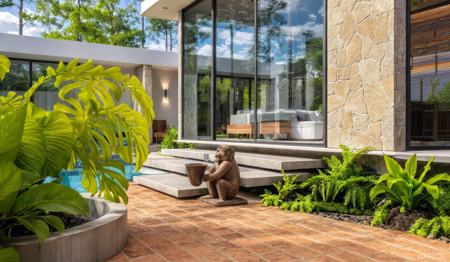 PROMT: Raw photo,Masterpiece, high quality, best quality, authentic, super detail, exterior, outdoors,house, modern style, triangular roof,glass windows, dark tile roof, minimalist line, car on the tropical garden, Brick yard, promenade, tropical trees, blue sky, (day:1.1),