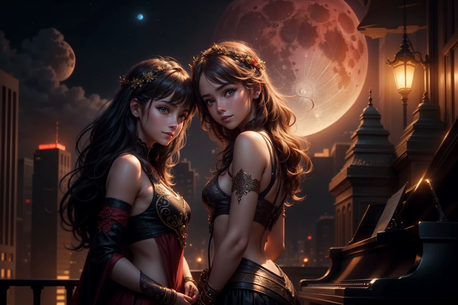 A detailed, beautiful girl in a vector art city with a red moon, twin girls playing piano and flute on the rooftop, tall buildings, a breathtaking landscape, looking at camera and smiling, (best quality,4k,8k,highres,masterpiece:1.2),ultra-detailed,(realistic,photorealistic,photo-realistic:1.37),digital art,matte painting,concept art,warm lighting,cinematic,dramatic lighting,intricate details,vibrant colors,glowing moon,captivating atmosphere
