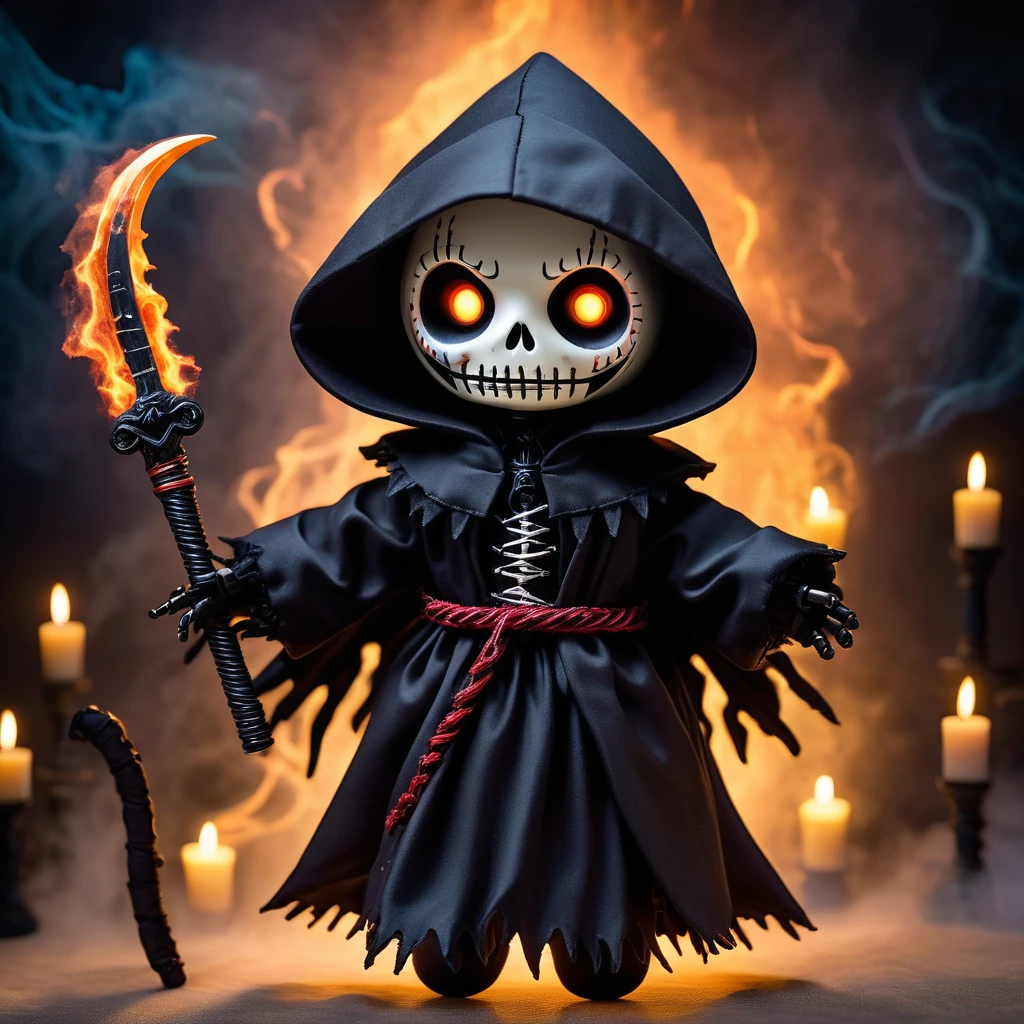 masterpiece Chibi Gothic Skelleton doll, In a Blood Masacre hell, ,blood sparks, pycho Smile, detailed and intrincicate, hd, bioluminicense