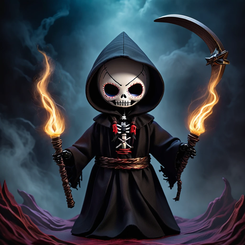 (knitted toy voodoo doll:1.5), (Voodoo Soul Reaper:1.3), (Clothing: black, hooded cloak with soul-capturing symbols:1.0), (Accessories: enchanted scythe emitting a deathly glow, floating captured souls:1.1), (background: dark, ethereal void with swirling mists, shadowy figures, and an atmosphere of ultimate doom:1.2), best quality, masterpiece, detailed soft oil painting, detailed background, dramatic cinematic lighting, soft edge lighting, professional, dramatic lighting, hard edge lighting, ultra quality, 4k, masterpiece, best quality, 8k, ultra high definition, high resolution, extremely detailed