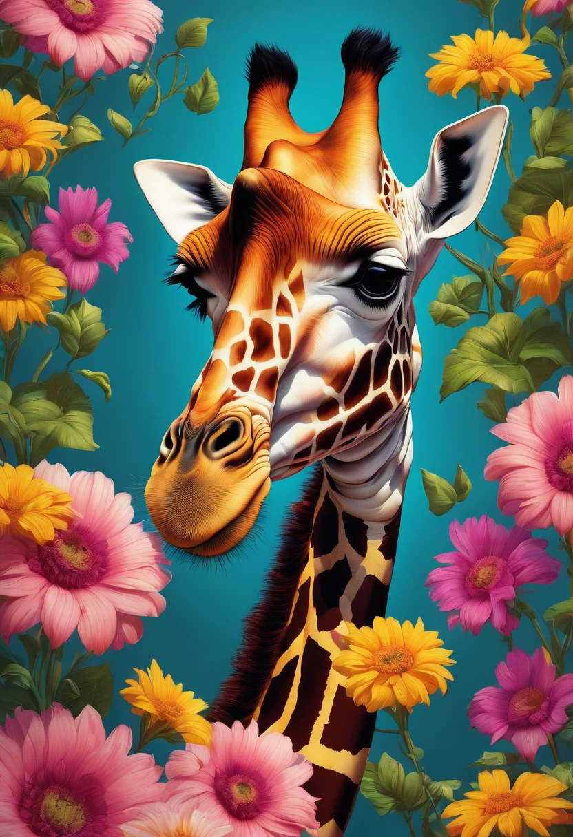 giraffe in flowers by artist arne thun, in the style of natalia rak, 8k resolution, vintage aesthetics, wallpaper, animated gifs, naoto hattori, highly realistic --ar 43:64 --v 6.0