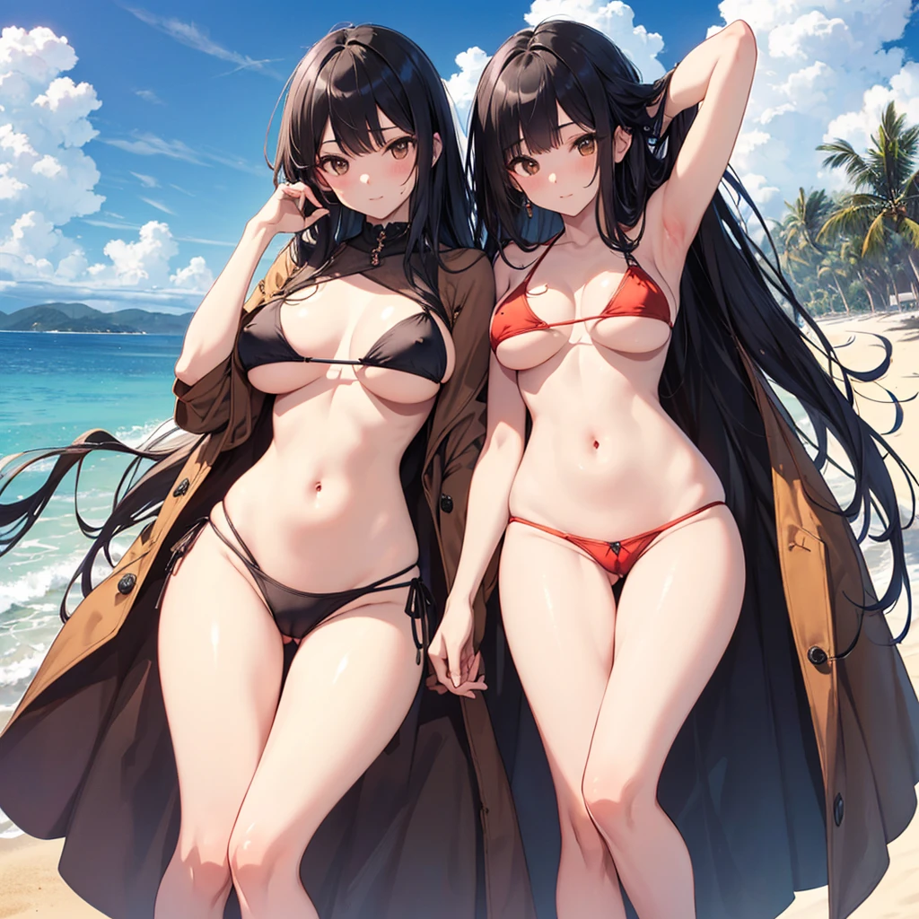 NSFW, (((Uncensored))), (((Clear picture))). high image quality, high resolution, 18 year old beautiful girl、shiny black hair、Hime cut、Brown eyes, dark eyebrows, J-cup huge breasts、172cm tall、tightened waist,、red bikini, sexy pose, Sandy Beach、Blue sky
