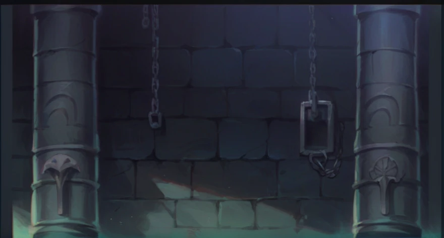 There is greyish wall and one hanging chain and two pillars.