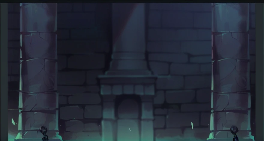 There is greyish wall and one hanging chain and two pillars.