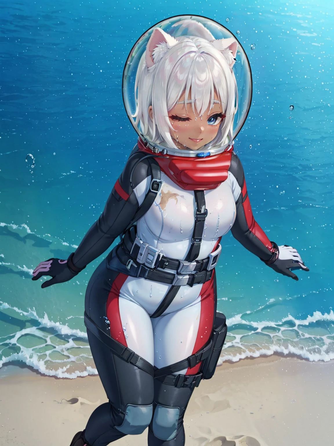 Highly detailed CG, 8k wallpaper, best quality, masterpiece, higher eyes and nose, very delicate and beautiful, beautiful, detailed,, (blue eyes: 1), (beautiful hands), (beautiful fingers) , , necklace (water:1.6), (beach:1.5), (messy hair:1.5), (leaning forward:1), looking at the viewer, (smile:1.3), (one eye closed:1.2) , (sweating), (beautiful toes), (6 years old:1.5), (1girl), (ash white hair:1.5),(middle hair:1 ), (dark skin: 1.4), (thigh circumference: 1.3) , beautiful, narrow waist, white thigh highs, narrow waist, thighs, wide hips, eyeliner, eyelashes, perfect face, detailed eyes, (dark skin : 1.5),,,(spacesuit: 1.15) , white cargo pants, astronaut )bubble helmet, space helmet, space helmet, CAT EARS, bubble helmet, eva helmet, 2 girl