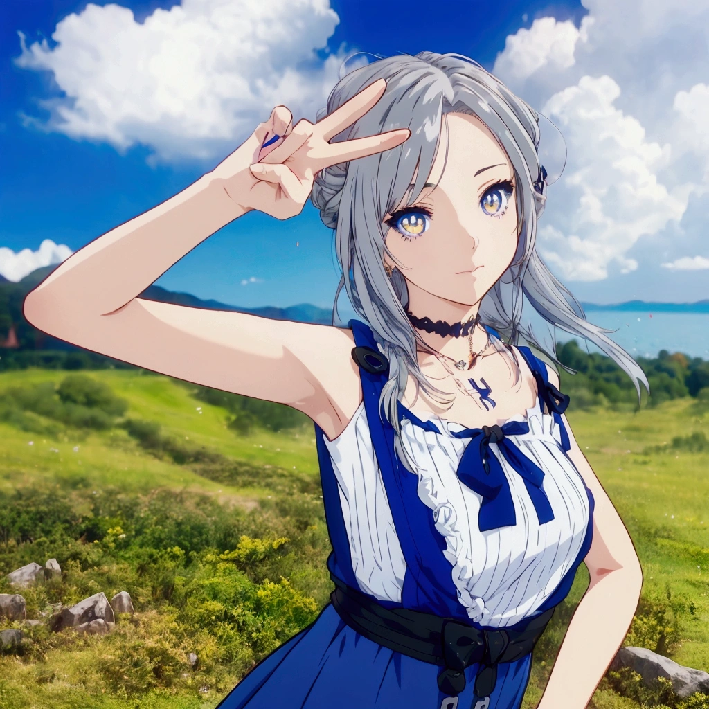 Golden Eyes、An anime girl with grey hair and a blue dress making a peace sign in a field, Realistic Anime 3D Style, Realistic young anime girl, Cute 3D anime girl render, Anime Style3D, , April Rendering, Photorealistic Animation girl render, Realistic anime art style, Smooth anime CG art, Anime Style, Live2D Virtual Youtuber Model, Photorealistic Animation