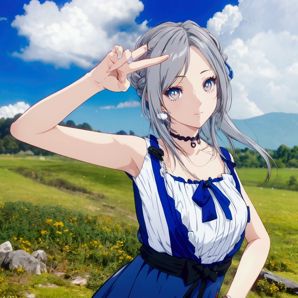 Golden Eyes、An anime girl with grey hair and a blue dress making a peace sign in a field, Realistic Anime 3D Style, Realistic young anime girl, Cute 3D anime girl render, Anime Style3D, , April Rendering, Photorealistic Animation girl render, Realistic anime art style, Smooth anime CG art, Anime Style, Live2D Virtual Youtuber Model, Photorealistic Animation