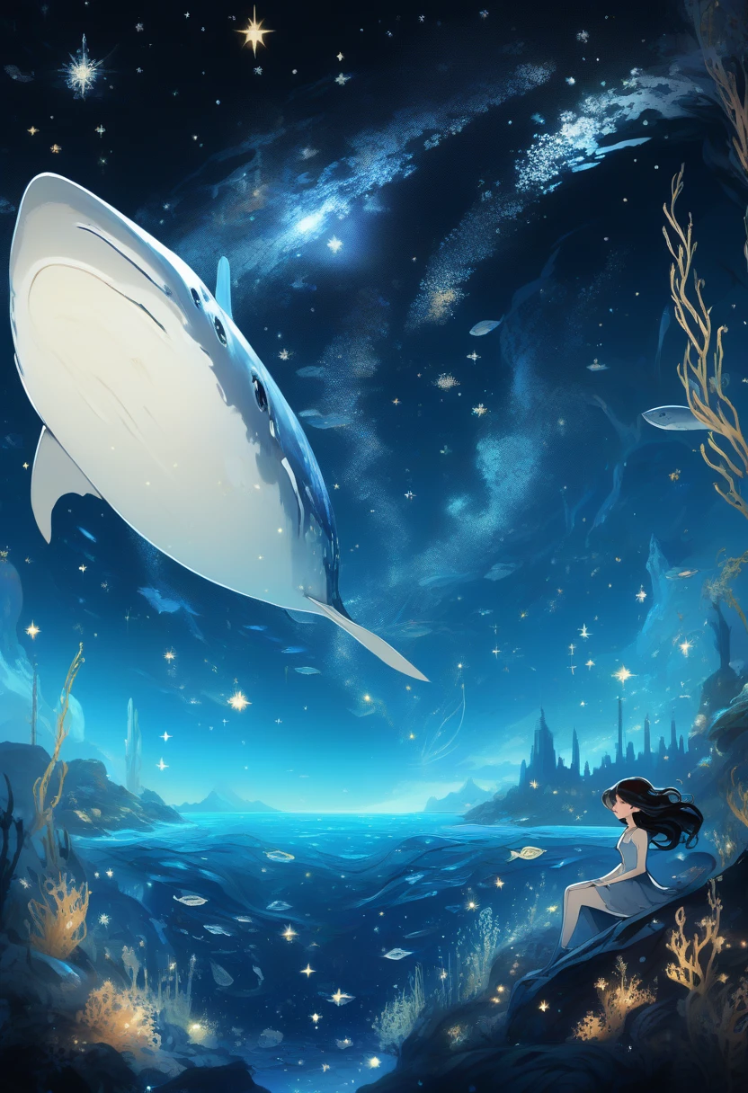 (1girl:1.3),arien_faitytale,fantastic world,undersea starry sky,