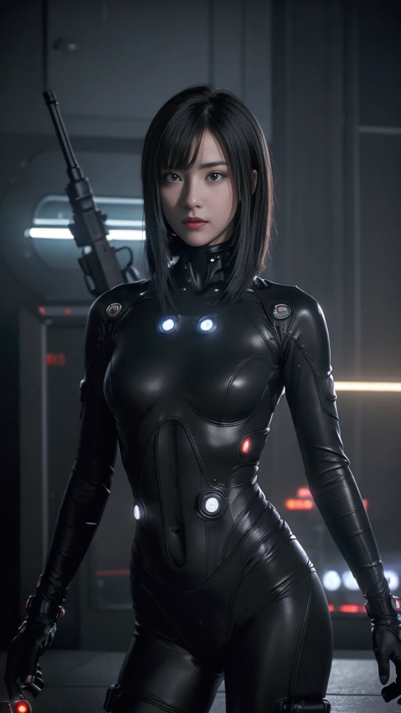 (Highest Quality:1.4),One girl,Short hair,15 years old,Alone,Split,Gantz Shimodaira Rei,Turtleneck,Pixelated background,Neon lights,Sci-fi Warm plot,Vivid colors,Bright lights,Dynamic lights,Metallic texture,Detailed shading,Holographic interface,Dark atmosphere,High contrast,Sharp focus,Twigs of hair,Reflective surfaces,Elaborate details,High resolution,Dramatic lighting,Studio lighting,Red accents,Illuminated surroundings,Artificial intelligence assistant, (Small breasts:1.4),Nipples showing,(Firing a big gun in matte black:1.3)