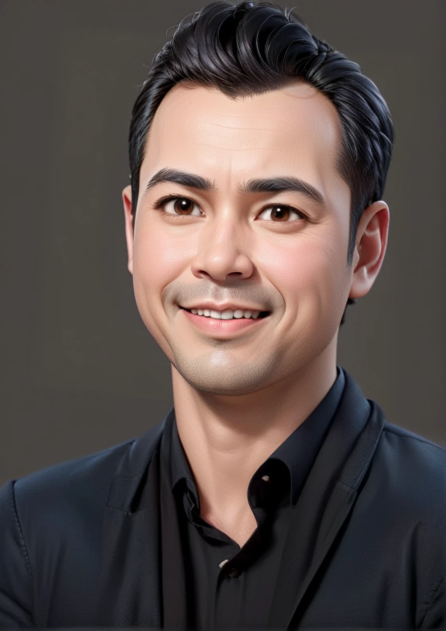 Create a 3D animation of a big-headed cartoon caricature. a 30 year old Indonesian man with short, slightly wavy black hair brushed back, round head facing forward, oval face with a strong jawline, thick straight eyebrows, almond-shaped brown eyes, a straight nose with a slightly rounded tip, symmetrical lips, and a slight friendly smile, wearing a solid blue shirt. Gradient blue background with professional lighting. masterpiece, top quality, highly detailed skin and face, ultra-realistic, high definition, studio lighting, sharp focus, full body view, Concept Art, 3D rendering.