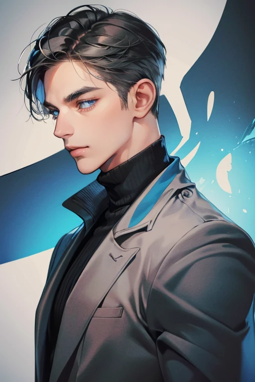 masterpiece, best quality, 1man, mature male, quiet and charming young man, 35 year old, closed mouth, portrait, extremely detailed face, closed mouth, lips nude ((blue carolina eyes)), ((short-gray black hair)), [thick eyebrows], handsome, half body, with black Turtleneck shirt, look at camera, 