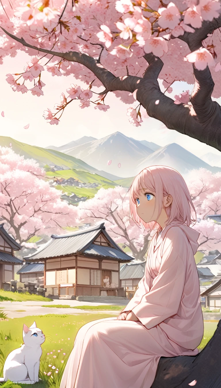 Milk, the white cat with blue eyes, is sitting under a large sakura tree in full bloom, looking pensive and worried. The background shows the village in the distance. The scene is serene with pink cherry blossoms contrasting Milk's worried expression. Warm and soft color tones create a peaceful yet thoughtful atmosphere.