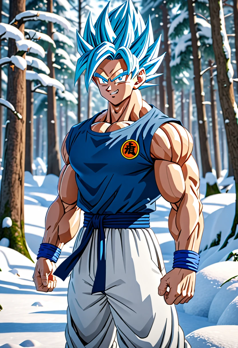 1 man, matured, slim but muscular, handsome, tall, Saiyan like hair, silver blue ombre hair, Saiyan hairstyle, blue eyes, blue jacket, white t-shirt, white martial art pants, blue belt, snowy forest, looking at viewer, relaxed grin, 8k, masterpiece, ray tracing, Dragon Ball Z style, (SuperQuality:1.0) ~ (SuperQuality:1.2), (negative_v2 Color_Balance_Calibration:0.8)