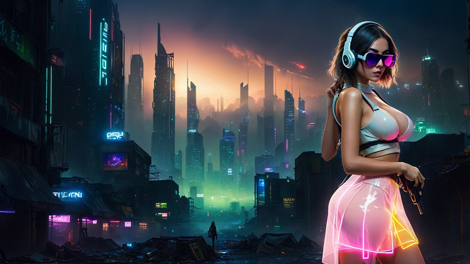 dark futuristic landscape, at night, neon lights, Atmospheric fog, large buildings in the background, futuristic city, streets with open shops, skyscraper (postapocalyptic city:1.3). (((1girl, solo, alone))), large-breast:1.2 slim body, cleavage:1.1, sexy miniskirt, (((headphone, black sunglasses, standing and holding pistol pose))), (((half-body thigh level medium shot))), cinematic lighting, lens flare, ray tracing.