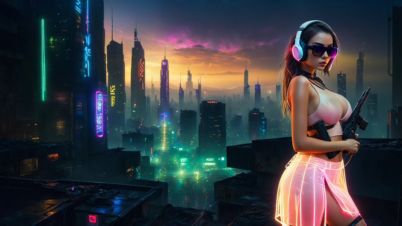 dark futuristic landscape, at night, neon lights, Atmospheric fog, large buildings in the background, futuristic city, streets with open shops, skyscraper (postapocalyptic city:1.3). (((1girl, solo, alone))), large-breast:1.2 slim body, cleavage:1.1, sexy miniskirt, (((headphone, black sunglasses, standing and holding pistol pose))), (((half-body thigh level medium shot))), cinematic lighting, lens flare, ray tracing.