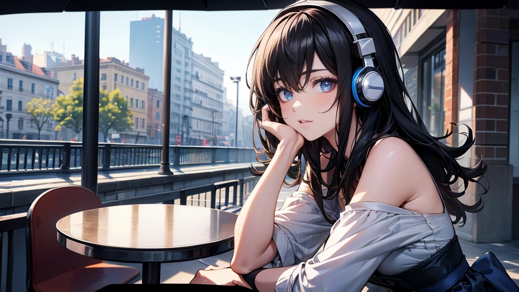 ((UHD, super detail, best quality, highres)),black hair, hair over shoulder, medium hair, blue eyes, (headphones), anime, anime style,Outside on the cafe terrace having a drink.