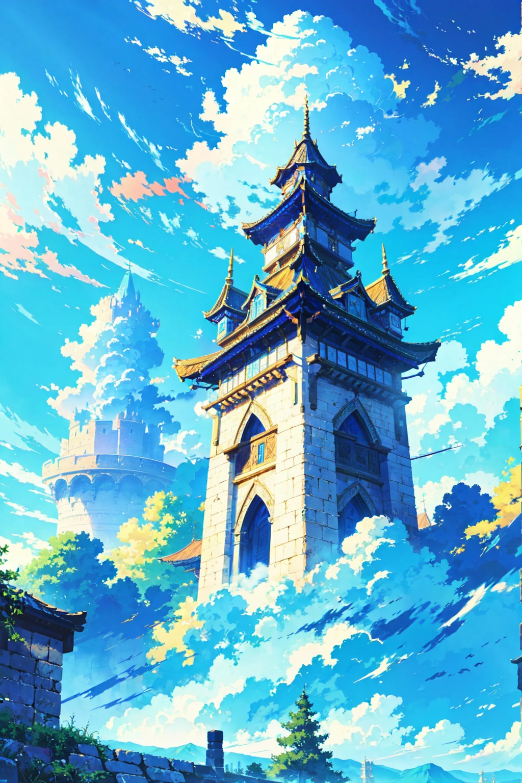 anime-style illustration, The image of very tall castle gate, bright blue sky, highly detaild cumulonimbus clouds vibrant color, vivid color.
