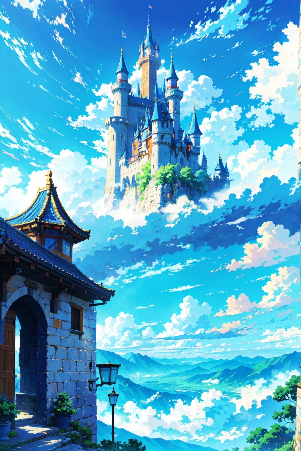 anime-style illustration, The image of very tall castle gate, bright blue sky, highly detaild cumulonimbus clouds vibrant color, vivid color.