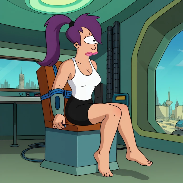 score_9, score_8_up, score_7_up, rating_explicit, zPDXL, Leela, purple hair, one-eyed, cyclops, circle eyes, overbite, dot pupil, source_cartoon, futuramastyle, 1girl, solo, long hair, ponytail, makeup, parody, lipstick, interior spacecraft, full body, in space ship, by captain chair, by window, cameltoe, smiling, seductive smiling, aroused, pussy juice, hands on breast, nude body, nipples, pussy, ass, from below, back view, spread ass, 