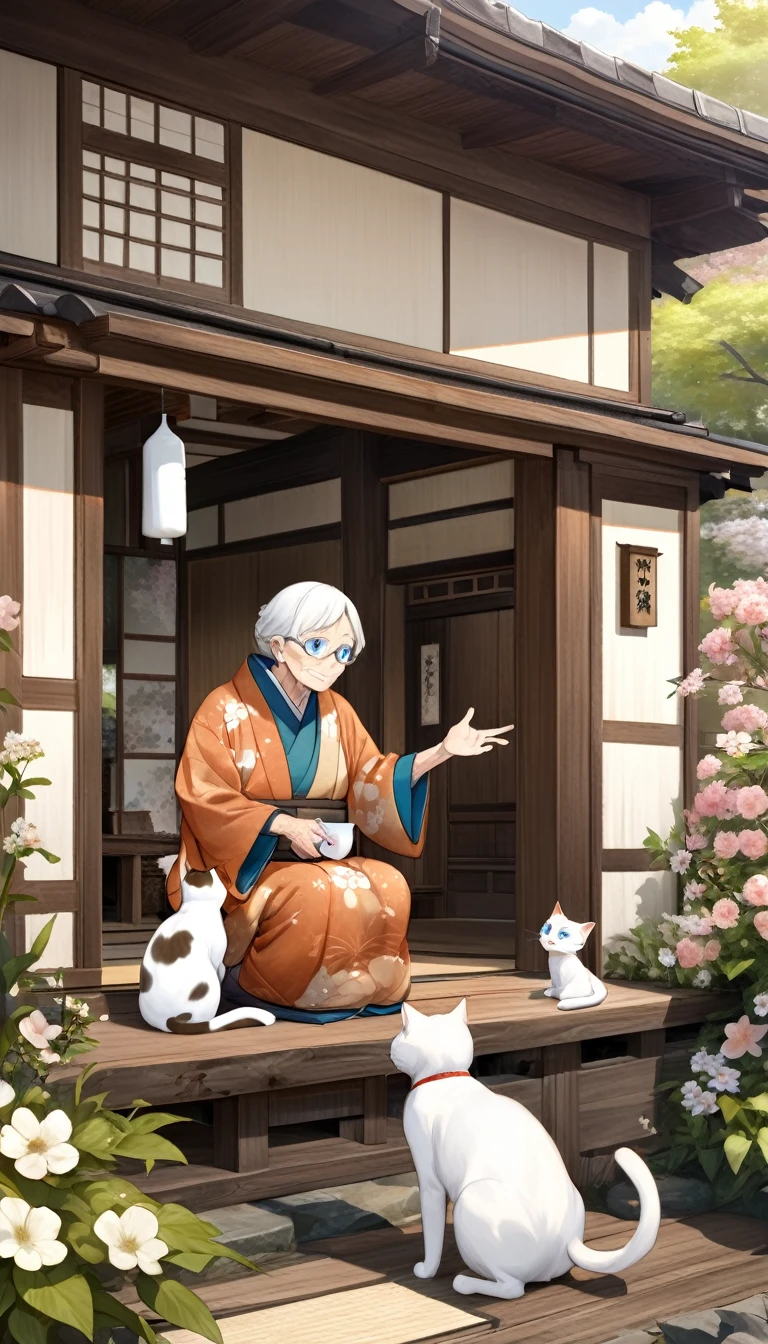 Milk, the white cat with blue eyes, is talking to an elderly, wise-looking tortoiseshell cat, the village elder. They are sitting on a wooden porch of a traditional Japanese house, surrounded by blooming flowers and greenery. The elder cat is gesturing kindly, giving advice. The scene is warm and comforting, with detailed textures and natural colors.