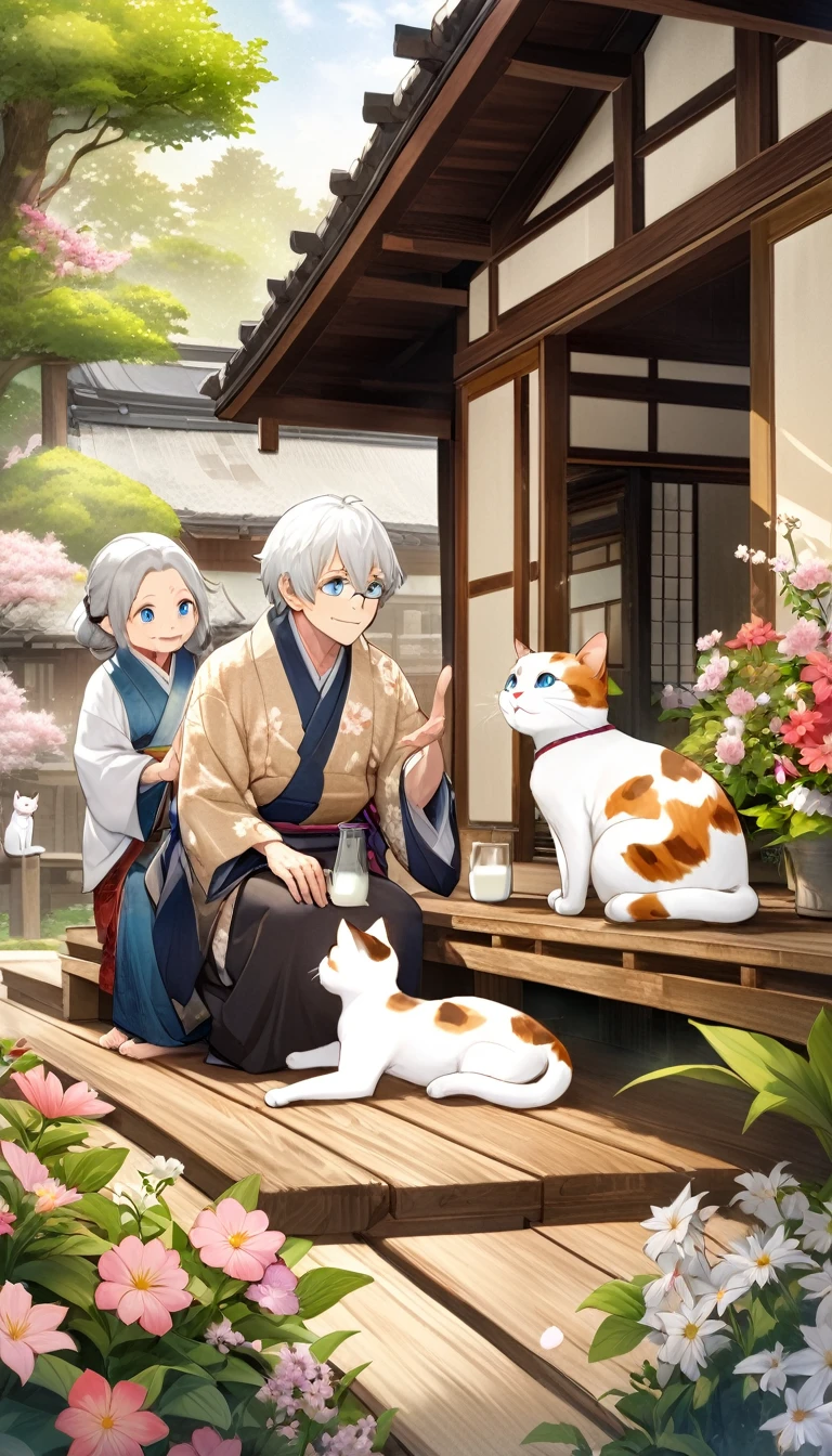 Milk, the white cat with blue eyes, is talking to an elderly, wise-looking tortoiseshell cat, the village elder. They are sitting on a wooden porch of a traditional Japanese house, surrounded by blooming flowers and greenery. The elder cat is gesturing kindly, giving advice. The scene is warm and comforting, with detailed textures and natural colors.