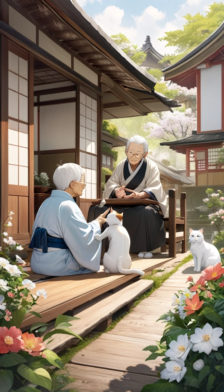 Milk, the white cat with blue eyes, is talking to an elderly, wise-looking tortoiseshell cat, the village elder. They are sitting on a wooden porch of a traditional Japanese house, surrounded by blooming flowers and greenery. The elder cat is gesturing kindly, giving advice. The scene is warm and comforting, with detailed textures and natural colors.