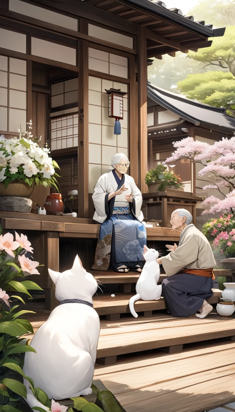Milk, the white cat with blue eyes, is talking to an elderly, wise-looking tortoiseshell cat, the village elder. They are sitting on a wooden porch of a traditional Japanese house, surrounded by blooming flowers and greenery. The elder cat is gesturing kindly, giving advice. The scene is warm and comforting, with detailed textures and natural colors.
