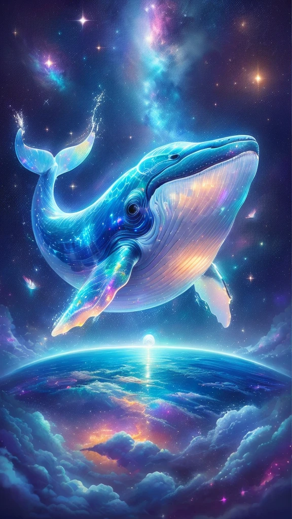 painting of a whale flying over the earth with a star in the background, space magical whale, galaxy whale, space whale, glimmering whale, Just a joke, Inspired by Cyril Rolland, Beeple and Jeremiah Kettner, flying whale, sky whales, whale, cyborg whale, Cyril Rolland style, Justin Gerard, flying whale,Big kind eyes,Iridescent body