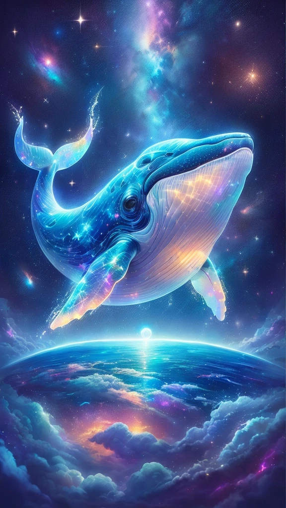 painting of a whale flying over the earth with a star in the background, space magical whale, galaxy whale, space whale, glimmering whale, Just a joke, Inspired by Cyril Rolland, Beeple and Jeremiah Kettner, flying whale, sky whales, whale, cyborg whale, Cyril Rolland style, Justin Gerard, flying whale,Big kind eyes,Iridescent body