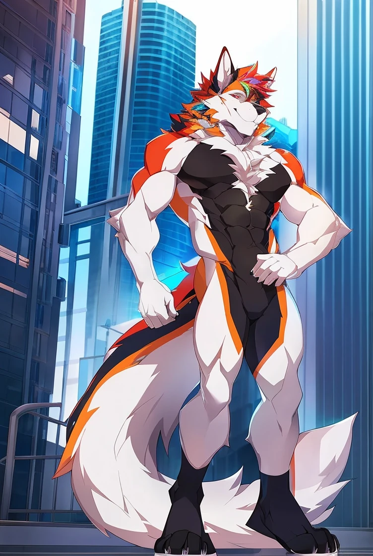 ((Solo)), male people, anthro wolf, (Multi-colored fur, White tail pointed), (Height 3meters,Tail length 2meters), Abs, pinginuscular, A long big tail, by patto, modern city