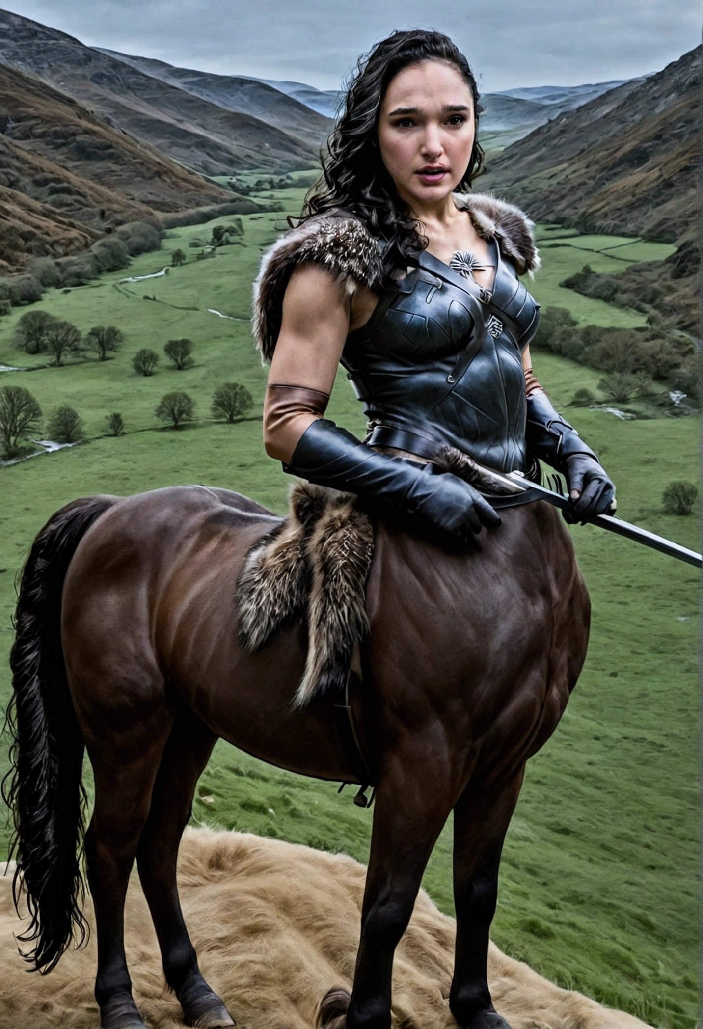 Jon Snow mounted on Gal Gadot centaur, beautiful work of art, best quality, 8K quality HD, countryside, hyper-realistic.