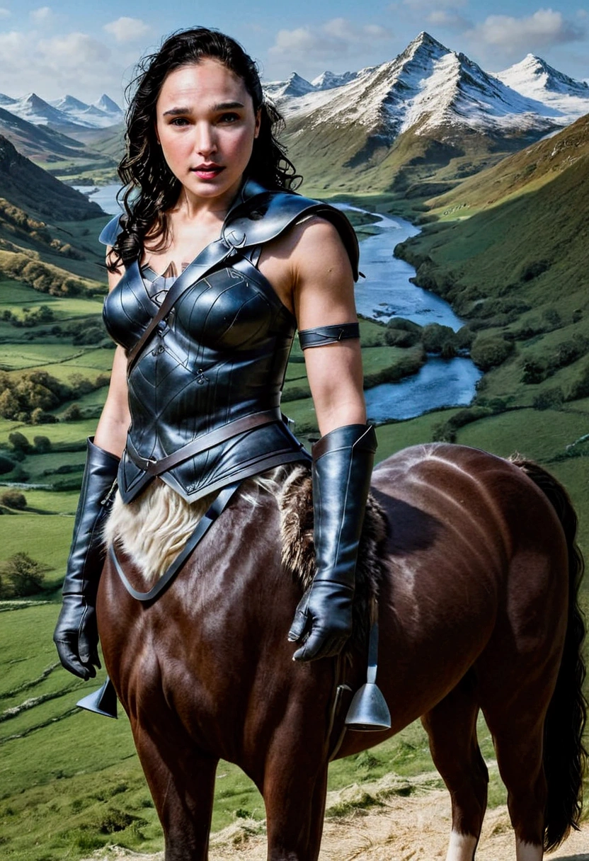 Jon Snow mounted on Gal Gadot centaur, beautiful work of art, best quality, 8K quality HD, countryside, hyper-realistic.