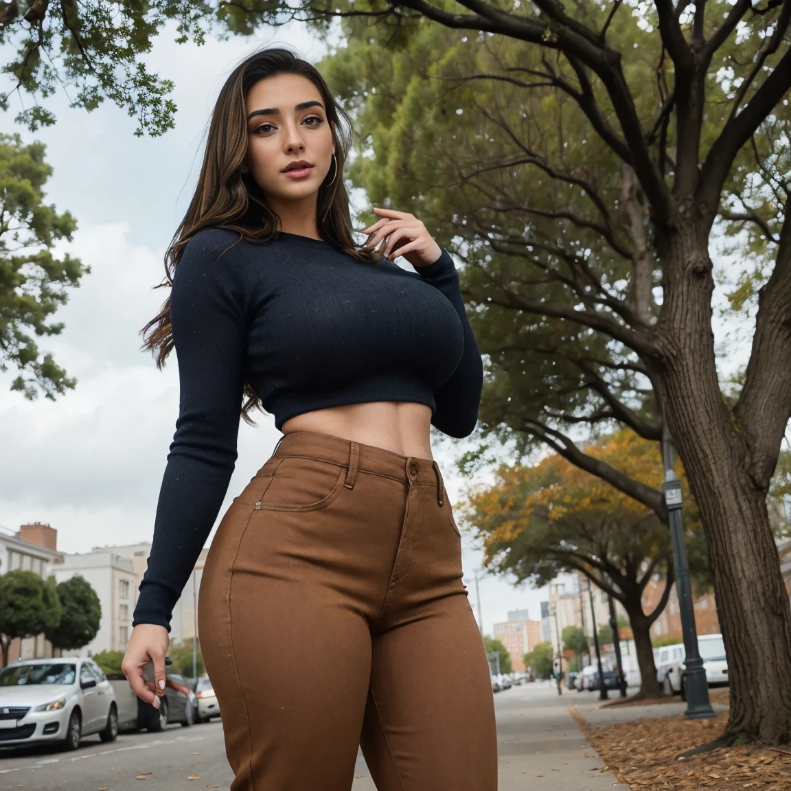 Extremely busty thin and toned brunette photographer, college girl, fair skin, swept-back hair, soft face, athletic, tight long-sleeve low-cut dark blue top, tight beige pants. standing outdoors, city park, trees, cleavage