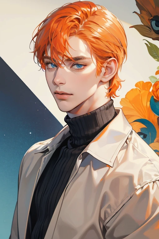 masterpiece, best quality, 1man, mature male, quiet and charming young man, 35 year old, closed mouth, portrait, extremely detailed face, closed mouth, lips nude ((blue carolina eyes)), ((short-gray orange hair)), [thick eyebrows], handsome, half body, with black Turtleneck shirt, look at camera, 