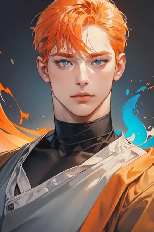 masterpiece, best quality, 1man, mature male, quiet and charming young man, 35 year old, closed mouth, portrait, extremely detailed face, closed mouth, lips nude ((blue carolina eyes)), ((short-gray orange hair)), [thick eyebrows], handsome, half body, with black Turtleneck shirt, look at camera, 