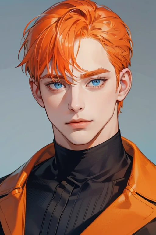 masterpiece, best quality, 1man, mature male, quiet and charming young man, 35 year old, closed mouth, portrait, extremely detailed face, closed mouth, lips nude ((blue carolina eyes)), ((short-gray orange hair)), [thick eyebrows], handsome, half body, with black Turtleneck shirt, look at camera, 