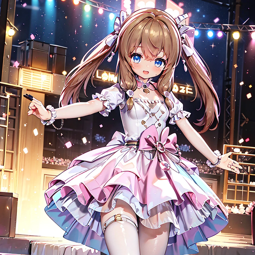 Solo girl, comical, kawaii, Blue eyes, light brown hair, back high twintails, front braids, yellow princess dress, open mouth smile, front view, dance at the stage, neon and led lights, posing, sexy, high-resolution image, masterpiece, high quality, attractive eyes, sexy
