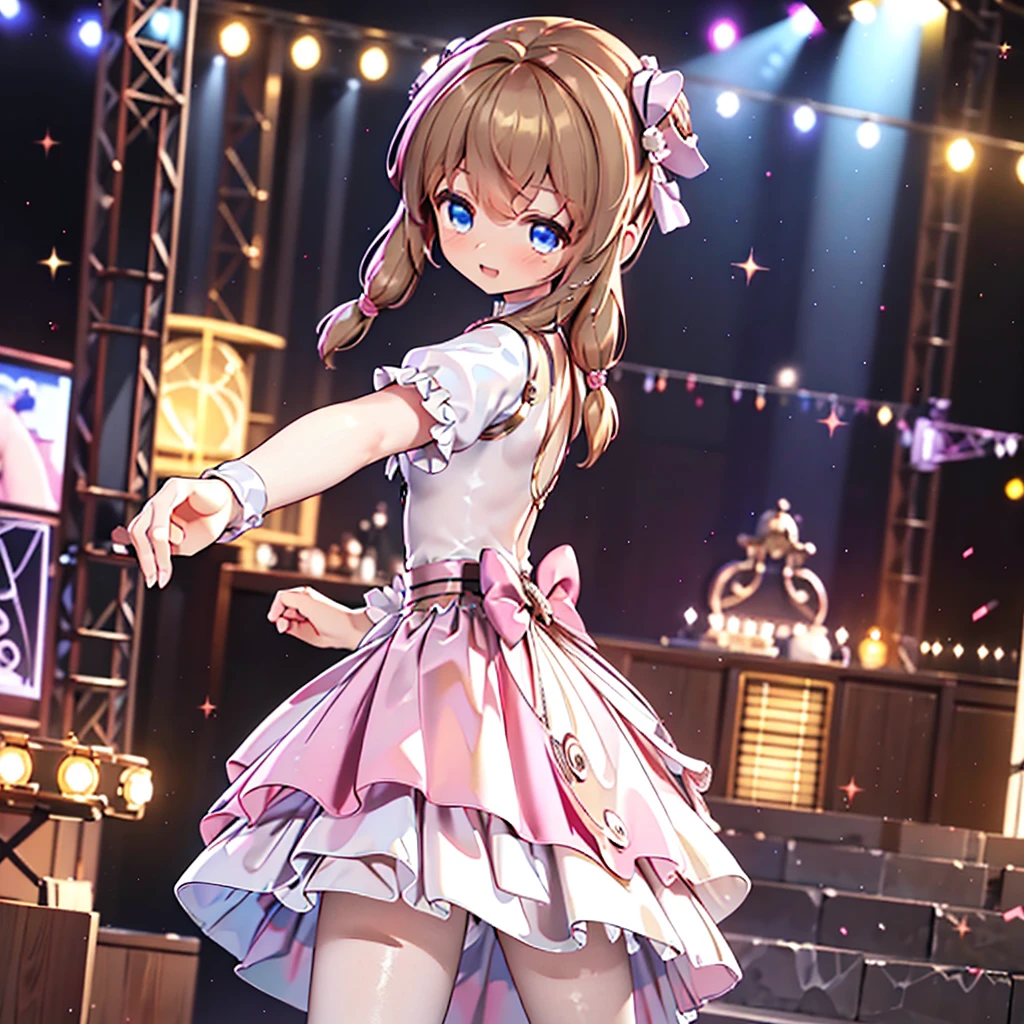 Solo girl, comical, kawaii, Blue eyes, light brown hair, back high twintails, front braids, yellow princess dress, open mouth smile, front view, dance at the stage, neon and led lights, posing, sexy, high-resolution image, masterpiece, high quality, attractive eyes, sexy
