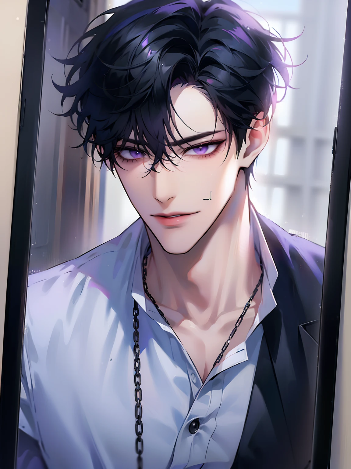 (masterpiece, 8k, high quality, best quality:1.6), 1boy, solo, short hair, black hair, asymmetrical fringe, purple eyes, handsome, sharp eyes, (mature male, mature:1.2), male focus, fashionable, tucked in open purple collared shirt, necklace, sunset, evening, close up, smile, long eyelashes, dark pallette, soft shadows, holding phone, phone selfie, mirror, perfect anatomy