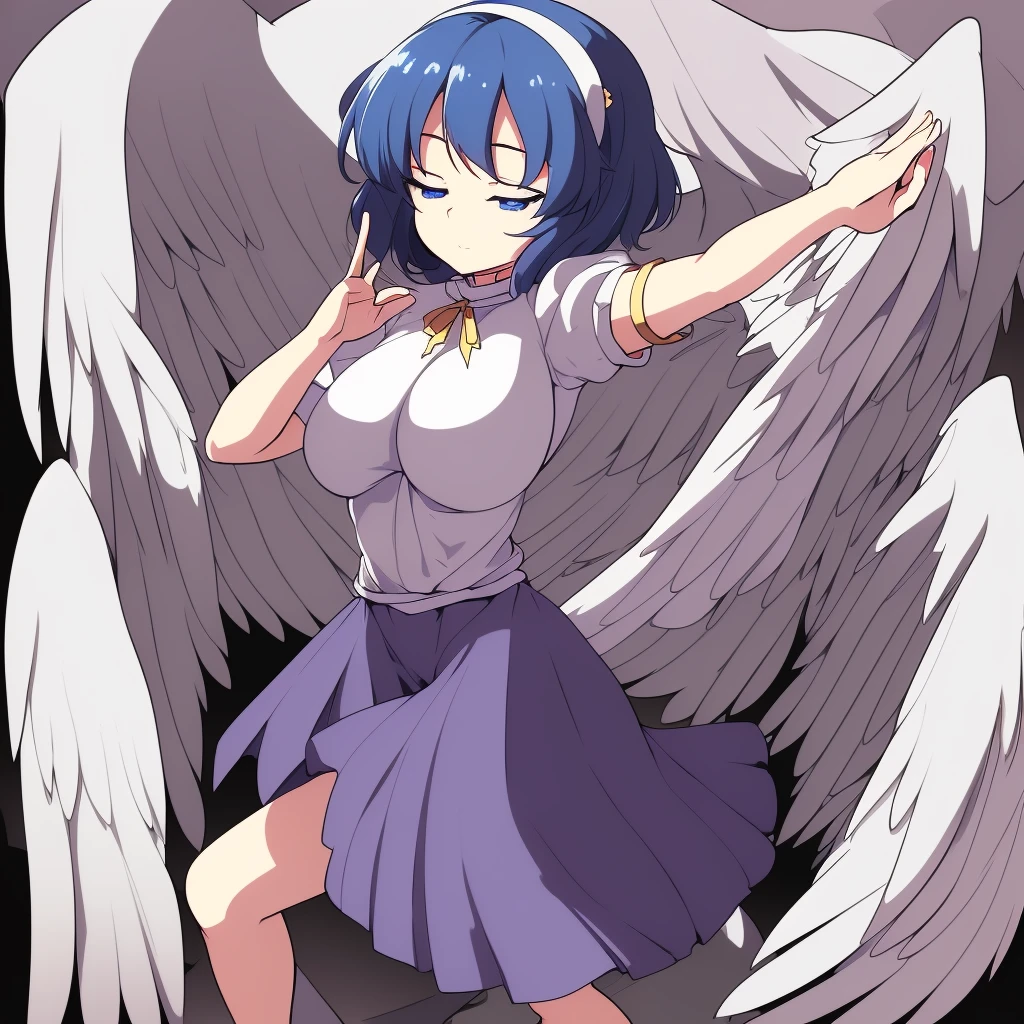 Tomoko (sora no otoshimono), metal collar, ahoge, black hair, brown eyes,hair_ clip, short hair, large breast,  genderswap, genderswap (mtf), robot ears, angel wings , white footwear,  white gloves,  white wings, wings, 	sleeveless, sleeveless dress, short dress, sora no otoshimono, Modern Anime Screencap (Style), Doll Eyes , tongue out, ikaros, A small chain connecting to the metal collar, 
