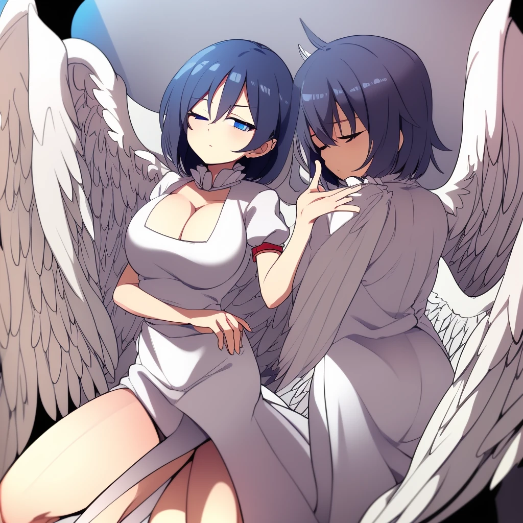 (best quality,4k,8k,highres,masterpiece:1.2), top-quality(masterpiece), top-quality, ultra-detailed, highly detailed texture, intricate details, high quality textures, A cute teenage angel with blue eyes, big pink ribbon in her hair, drawn in anime style, 1girl, (((1girl in))), , 10 years old, (((loli))), ((childish)), medium blue hair, hair flaps, pink ribbon on head, well-formed face, Beautiful face, blue eyes, pretty eyes, angel girl, white blouse, puffy short sleeves, red ribbon, angel wings, long white skirt, red shoes, frills, ribbon head, A pair of angel wings on the back, clean line drawings, cute, from behind, to lift up one’s skirt, cowboy shot, from front, standing , raise one leg, crossed arms, arms up behind, arms behind back, hand between legs, put hands hip, one hand on hip, forward hands, arms raised in the air, punch hands, peace sign, waving, put up index finger, sit, lie down, closed eyes, lie face down, looking back, put one hand chest, leaning forward, cleavage, close up, horizontally outstretched arms, horizontally outstretched legs, front view, front face, huge breasts for short stature, cleavage is clearly visible ,G-Cup